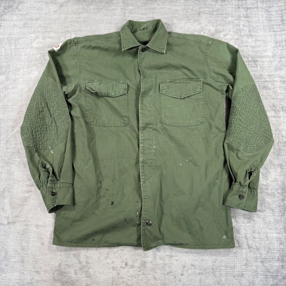 Military Shirt Men Small Green Vintage 1940s Herringbone Distressed Elbow Patch